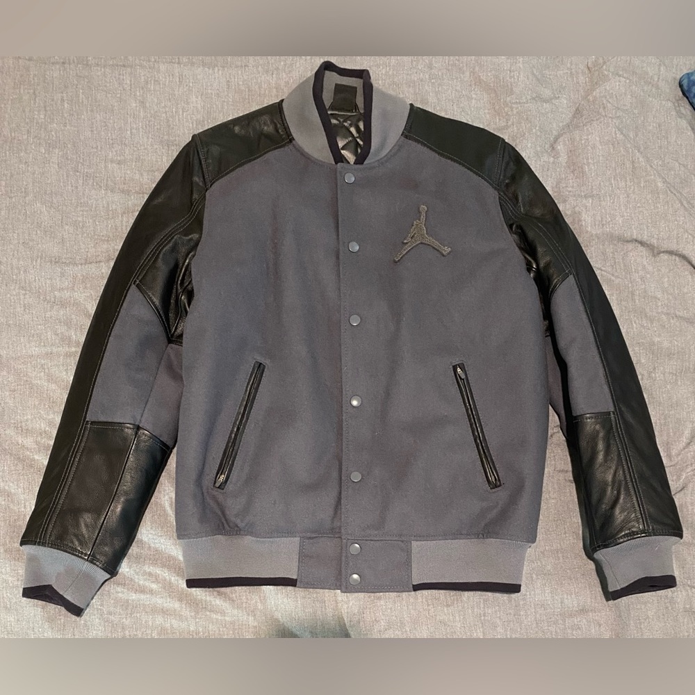 Men’s Jordan Gray Wool & Black Leather Insulated Varsity Bomber Coat Large